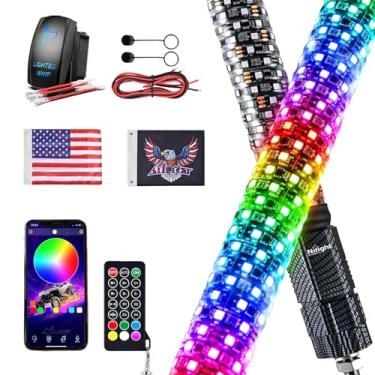 Imagem de Nilight Chicote de luz LED Fat Whip 1 peça 2FT RGB iluminado antena chicotes com controle remoto e aplicativo DIY Chasing Patterns luzes de freio reverso para ATV UTV Polaris RZR Can-am Dune Buggy