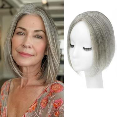 Imagem de YAMI Topper de cabelo humano fofo para mulheres 25,4 cm feito à mão com base suíça 360° cobertura de queda de cabelo (cinza misto)