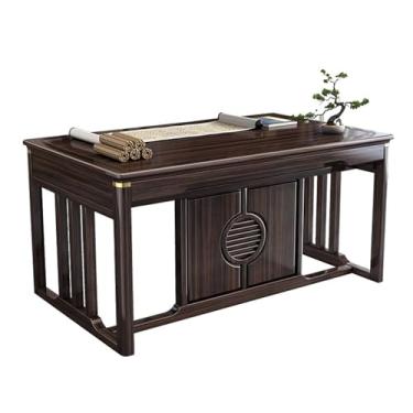 Imagem de Mesa para sentar e levantar Mesa de escritório em madeira maciça com 3 gavetas, mesa escrita ébano estética chinesa, estação trabalho, móveis para sala estudo(M)