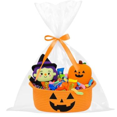 Imagem de ShellKingdom Cesta de Halloween, cesta de armazenamento com alças, cestas de presente vazias para decorações de Halloween com sacos de presente e fita, 30 x 20 x 12 cm