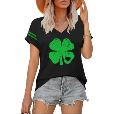 Imagem de Camiseta feminina HQP St Patricks Day Shamrock com decote em V e manga
