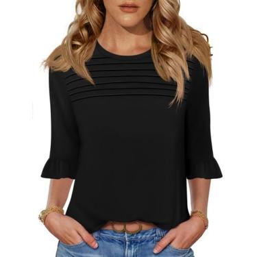 Imagem de Camiseta feminina Blingfit, manga 3/4, plissada, gola redonda, preta, 
