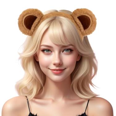 Imagem de Jadive Faixa de cabeça de Halloween, orelhas de animais de pelúcia, chifres, acessórios de cosplay, lembrancinhas de festa de safári de Natal, Marrom, 12.2 x 9 inch