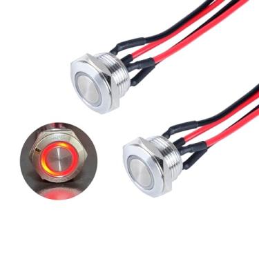Imagem de DMWD 2 peças 16 mm micro interruptor de botão momentâneo 5/20.3 cm orifício de montagem 12 V-24 V (ON)-Off 4 pinos 1NO anti-vandalismo IK09 com cabo pré-soldado concha prata anel halo LED vermelho