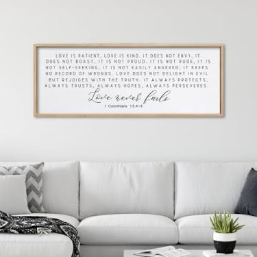 Imagem de ZZJJHYWGQ Love is Patient Love is Kind Decoração de parede 101 x 38 cm Corinthians 13 Grande versículo bíblico citação placa para pendurar acima da cama arte de parede emoldurada de madeira (madeira