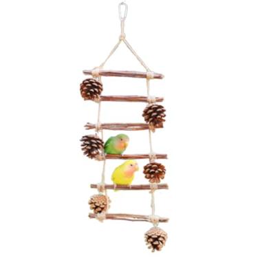 Imagem de Escada de pássaros de vários níveis para gaiola com brinquedos de mastigar de pinha, escada de brinquedos de papagaio de madeira para vários pássaros escalando, mastigando e brincando, poleiro de
