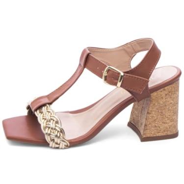 Imagem de Sandália Feminina Salto Alto Grosso Bloco 7cm Feminina com Fivela Dourada (Caramelo, BR, Adulto, Numérico, 39)