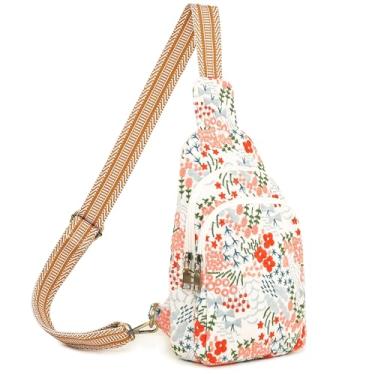 Imagem de SILKAREA Bolsa tiracolo de lona para mulheres, bolsa tiracolo pequena, mochila de viagem, caminhada, mochila para o peito, Branco bordado, Medium