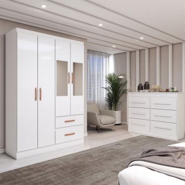 Imagem de Guarda-Roupa Solteiro Europa 4 Portas 2 Gavetas e Cômoda 6 Gavetas com Espelho Branco - Panorama Móveis