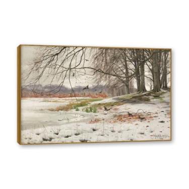 Imagem de Moldura externa de teca. Famosas pinturas a óleo (paisagem de neve) por Peder Mork Monsted, reprodução impressa em tela, arte de cenário para decoração de sala de estar. 50 x 75 cm - 19,7 x 29,6 pol