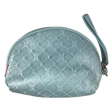 Imagem de Necessaire Feminina Renda Elegante Zíper Resistente e Alça de Pulso Espaço Interno Amplo com Forro em Poliéster 18,5x15,5x8cm (Azul)