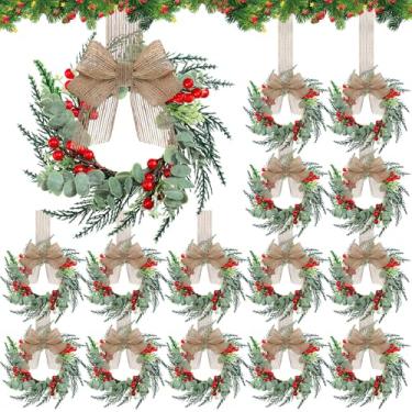 Imagem de Hotop Conjunto de 18 mini guirlandas de Natal para armário, guirlanda de Natal pequena com fita de serapilheira para cozinha, decoração de casa de fazenda, guirlanda de anéis artificiais para pendurar