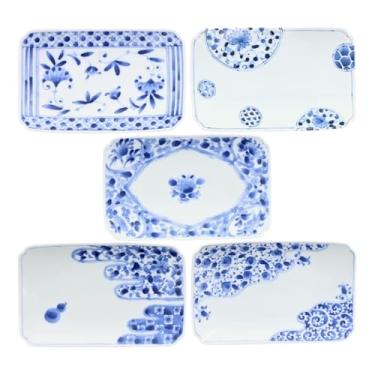Imagem de Pratos de porcelana estilo japonês EAST, conjunto de 5, padrão azul - Pratos retangulares de 13 x 21 cm para sushi, pratos principais, frutas - seguro para micro-ondas/máquina de lavar louça/freezer