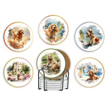 Imagem de Cocker Spaniel Presentes, porta-copos de cerâmica, conjunto de 6, com caixa de presente, absorvente com base de cortiça, decoração de casa para família, inauguração de casa, Ação de Graças