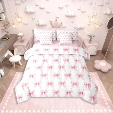 Imagem de Erosebridal Jogo de cama com laço rosa fofo para meninas e adolescentes, conjunto de cama queen kawaii, com laço de princesa, 7 peças, para crianças, adolescentes, mulheres, conjunto de cama leve e