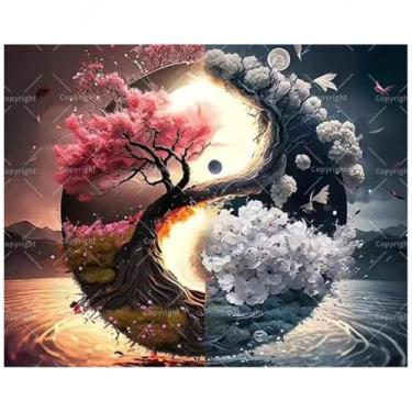 Imagem de TAOPAOLAB Kit de pintura de árvore Yin Yang por números para adultos - DIY flor de cerejeira e pintura de árvore branca em tela 41 x 50 cm, conjunto de tinta acrílica, adequado para iniciantes, arte