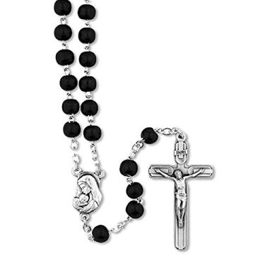 Imagem de VILLAGE PRESENTE IMPORTADORES Preto ou Mogno Madonna e Rosário Infantil para Mulheres | Lindo Contas de Madeira com Crucifixo de Metal Durável | Joias Cristãs Preto