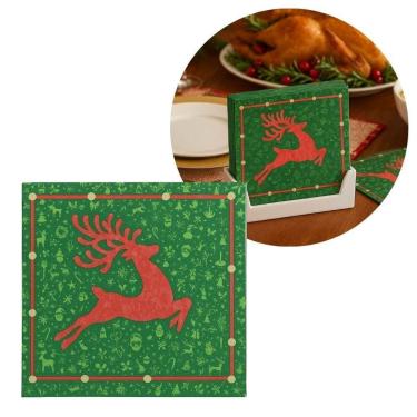 Imagem de Guardanapo De Natal Estampado Rena Verde E Vermelho 25x25cm Folha Dupla Prime Pacote 20 Unidades