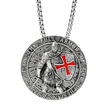 Imagem de Yumikoo Colar Templário Bronzy Put on the Full Armor of God Efésios 6:13-17 com cruz vermelha, joias religiosas, pingente de escudo de cavaleiros medievais, standard, Metal, Sem Pedra Preciosa