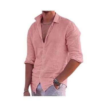 Imagem de Camisa Masculina De Manga Comprida Verão Praia Cor Pura Colarinho Ao A