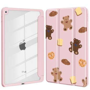 Imagem de Idocolors Capa para iPad 7ª/8ª/9ª geração 10,2 polegadas, capa traseira rígida transparente com suporte para lápis, capa protetora com suporte triplo para mulheres e meninas, urso marrom/rosa