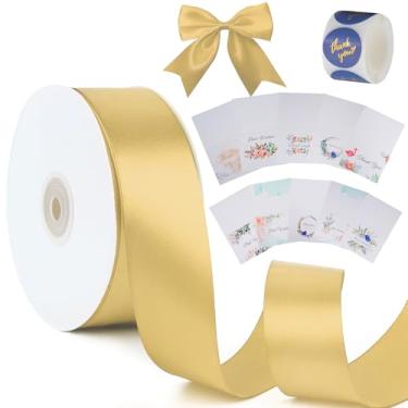 Imagem de Fita de cetim sólida dourada champanhe com cartões de agradecimento e adesivos, fita de 50 metros para buquê de laços, embrulho de presente, casamento, arranjo floral, decorações de Natal