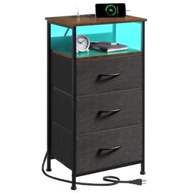 Imagem de Somdot Mesa de cabeceira preta com estação de carregamento e luz LED para quarto, cômoda alta com 3 gavetas com caixotes de tecido para cabeceira, dormitório, armário, lavanderia, entrada, preto,