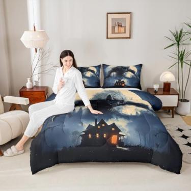 Imagem de Conjunto de edredom King com lobo uivante, castelo gótico, para decoração de quarto de crianças, meninos, adolescentes e homens, tema de lobisomem da noite da lua ocidental, conjunto de edredom de