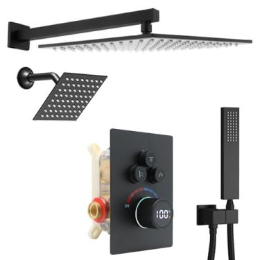 Imagem de Sistema de chuveiro de cabeça dupla com display digital, sistema de chuveiro de chuva, montagem na parede, chuveiro de teto de 25 cm com chuveiro de 15 cm com chuveiro de mão (preto fosco)