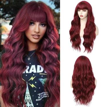 Imagem de Peruca Angzon Burgundy Long Wavy Vinho Tinto com Franja 66 cm Feminina