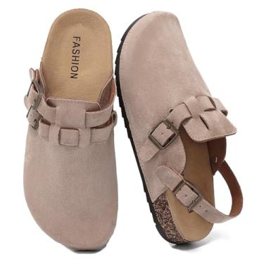 Imagem de DDXYYDS Tamancos masculinos de camurça com alça traseira, tamancos femininos de couro com suporte de arco palmilha de cortiça slip on bico fechado mules com fivela ajustável confortável sapatos batata