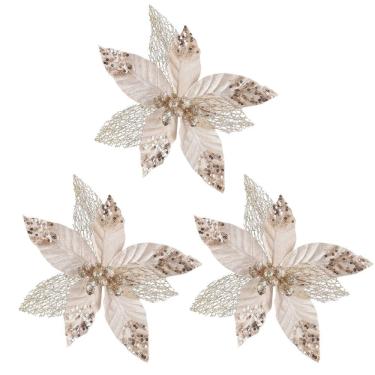 Imagem de Kit 3 Flores Bico de Papagaio Luxo Champanhe Mescla Veludo Glitter 23cm