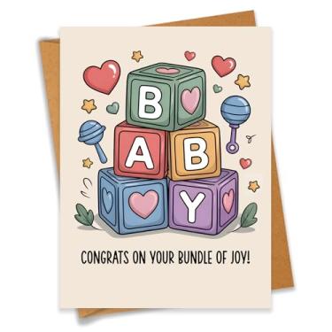Imagem de PEONYNFOX Congrats On Your Bundle Of Joy Baby Shower Card Cute Baby Blocks New Baby Recém-nascido Parabéns Novos Pais - Tamanho 16 cm x 12 cm Branco Dentro com Envelope Kraft