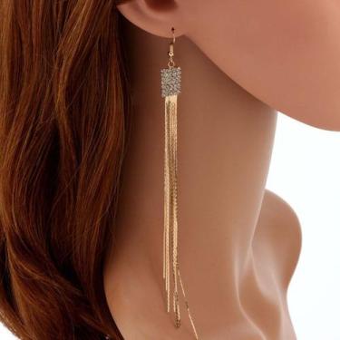 Imagem de Brinco Feminino Franja Longo Fino Luxo Strass Festas Dourado - anjo da