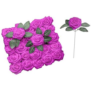 Imagem de SHUERIET Flores artificiais, 25 peças de rosas falsas de espuma vermelha rosa com hastes para buquês de casamento faça você mesmo, centro de mesa, chá de panela, decoração de arranjo de flores em casa