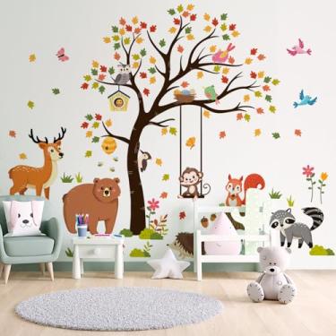 Imagem de Adesivos de parede de animais da floresta com desenho animado animal da selva aquarela macaco urso raposa veado floresta animais decoração de parede para quarto de bebês meninos meninas sala de jogos