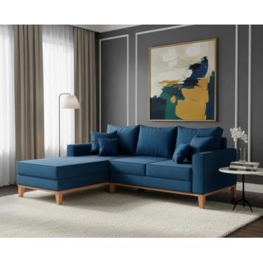 Imagem de Sofá Beny com Chaise Esquerda, 3 Lugares, Estofado em Linho, Base em Madeira, 1,40x2,00m (Azul Marinho)