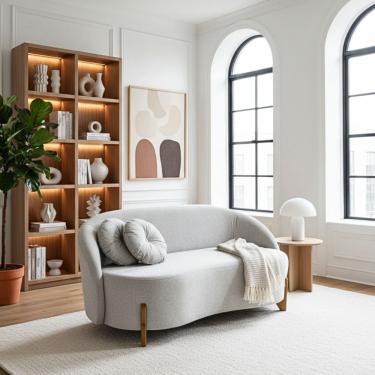 Imagem de Sofá Orgânico 2 Lugares C/2 Almofadas Curvo Sala Recepção Amsterdã Boucle Cinza Claro - Montanari`s Decor