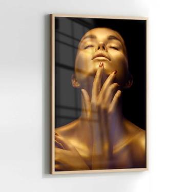 Imagem de Quadro Decorativo com Moldura e Acrilico Cristal Vidro Mulher Dourada Salão Sala Quarto Hall