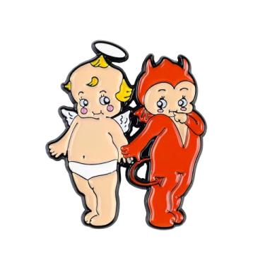 Imagem de Broche de esmalte de bebê anjo e diabo, broche de diabo de anjo fofo de desenho animado, emblemas bons contra o mal, broche de crachá retrô infantil nostálgico dos anos 90, presentes para amigos