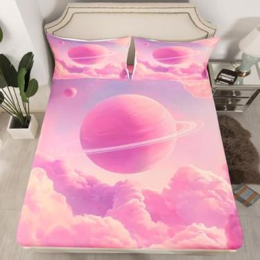 Imagem de jejeloiu Jogo de lençol casal com galáxia rosa, sistema solar estrelado, estampa 3D, espaço sonhador, nebulosa, 3 peças, 1 lençol com elástico + 2 fronhas (sem lençol de cima)