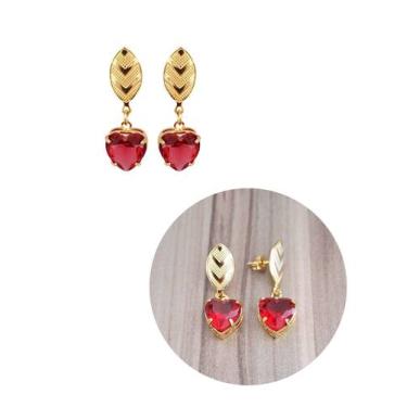 Imagem de Brinco Pingente Coração Cristal Folheado Ouro 18K - MIXFOLHEADOS, Verm