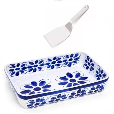 Imagem de Travessa De Porcelana Pintada A Mao 31 X 21Cm Espatula Inox