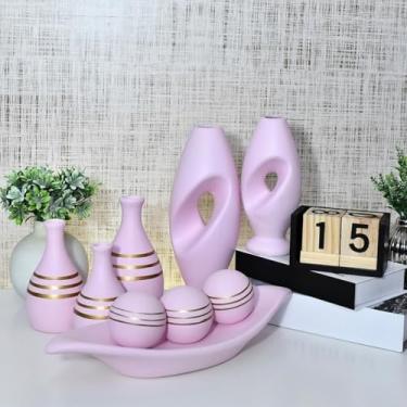 Imagem de Kit 9 Jarros Decorados Trio Vaso Ceramica Enfeite Centro Mesa Sala Enfeite Casa Rack Aparador Nicho Jarros Decorativos Para Sala(ROSA RISCA 9PÇS)