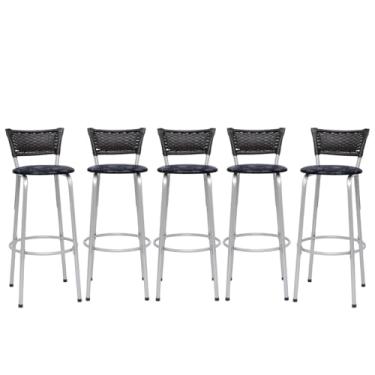 Imagem de Banqueta Altas Junco Preto Estrutura Prata 70cm Para Balcão Cozinha, Bar, Bistrô, Americano Kit 05 Unidades - Itagold (Assento Floral Preto)