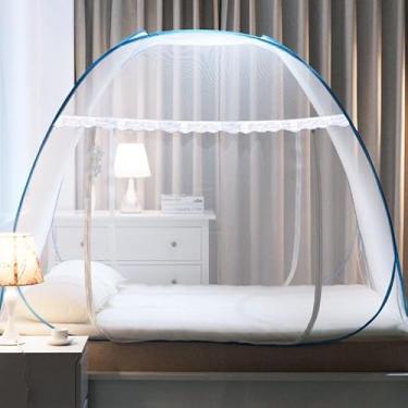 Imagem de Rede de Mosquiteiro Yurt Dupla para Cama – Proteção Anti-Mosquito, Sem Instalação, Fibra de Poliéster com Suporte de Aço Inoxidável(1.2米寬*2.0米長【全底防摔】,雙門【特加密藍】)
