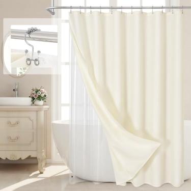 Imagem de MitoVilla Conjunto de cortina de chuveiro 3 em 1, cortina de banho texturizada de linho creme Boho Farmhouse e forro PEVA transparente com 12 ganchos de aço de dupla face, cortina de banheiro de hotel
