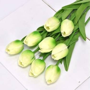 Imagem de Kit 10 Tulipas Artificiais de Látex PU – Buquê de Toque Real 34cm com 5 Flores por Haste para Decoração de Casamento, Casa e Eventos (Cores Diversas)(Verde (10 peças))