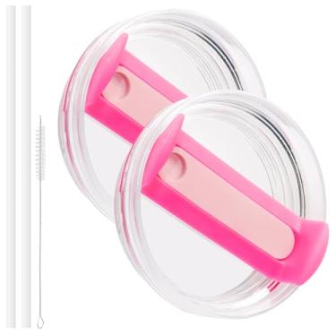 Imagem de Zorfeter Pacote com 2 tampas de copo de substituição rosa choque, à prova de vazamento, tampa de copo resistente a derramamentos para copo Stanley de 1,134 g com 2 canudos longos reutilizáveis e 1