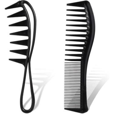 Imagem de 2 pentes de dentes grandes, pente de dentes largos e penteados duplos com dentes de tubarão para cabelos cacheados ondulados e grossos molhados para escovar cachos, ferramenta de cabelo para salão de